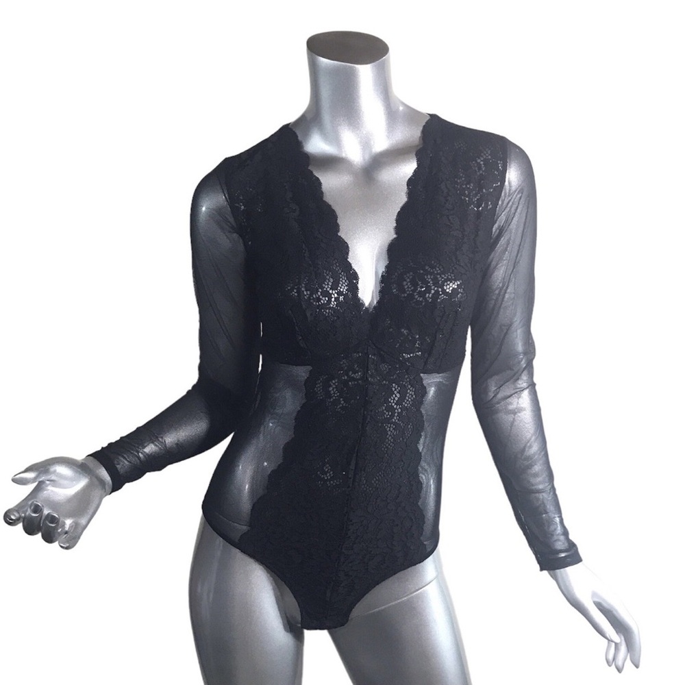 INC Not So Basic Long-Sleeve Lace Mesh Bodysuit - Black Women's Size M NWT